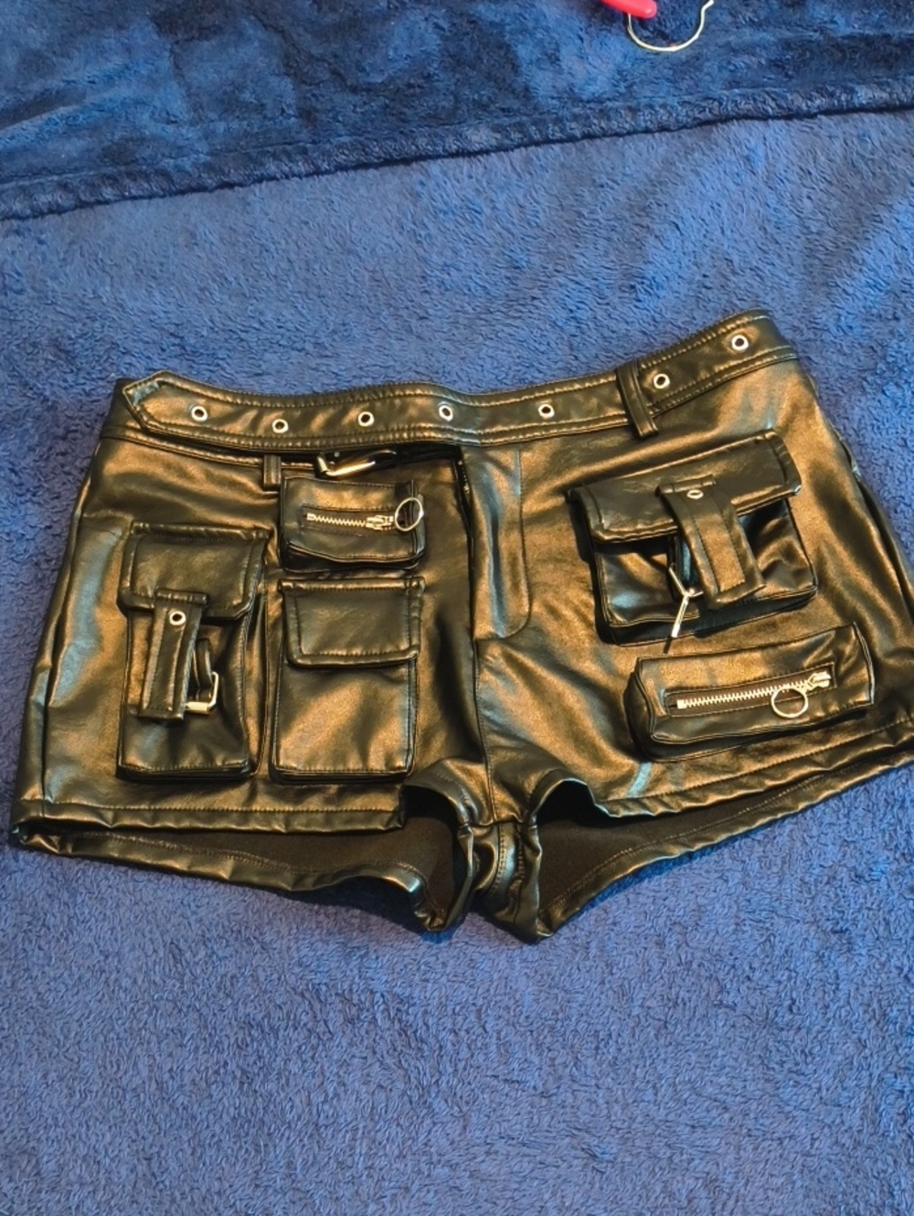 Black Faux Leather Shorts with Multiple Pockets